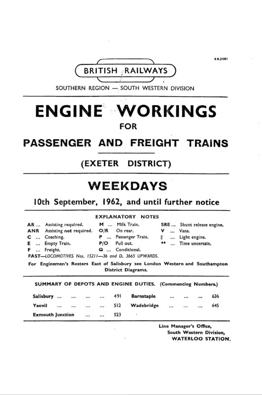 Southern Engine Workings, Western (Exeter) District, Weekdays starting 10 September 1962. 96 pages. [EW07196209101]