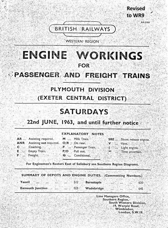 Southern Engine Workings, Western (Exeter) District, Saturdays starting 22 June 1963. 84 pages. Notes: Revised to WR9. [EW07196306221]