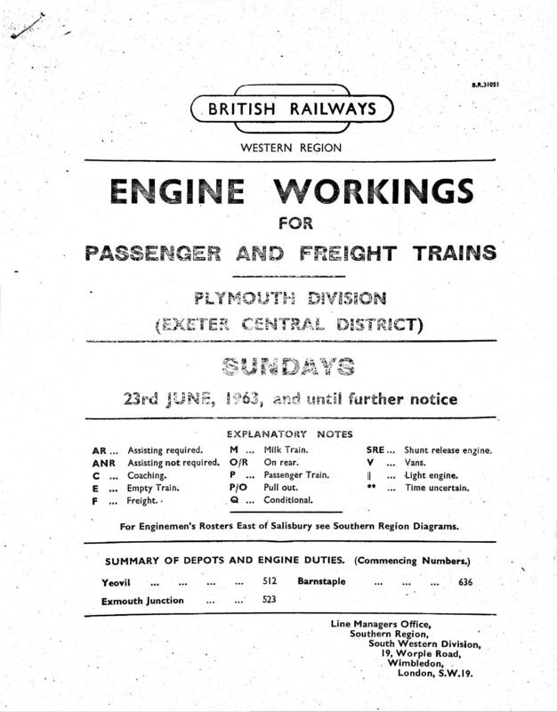 Southern Engine Workings, Western (Exeter) District, Sundays starting 23 June 1963. 30 pages. [EW07196306230]