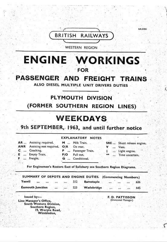 Southern Engine Workings, Western (Exeter) District, Weekdays starting 09 September 1963. 93 pages. [EW07196309090]