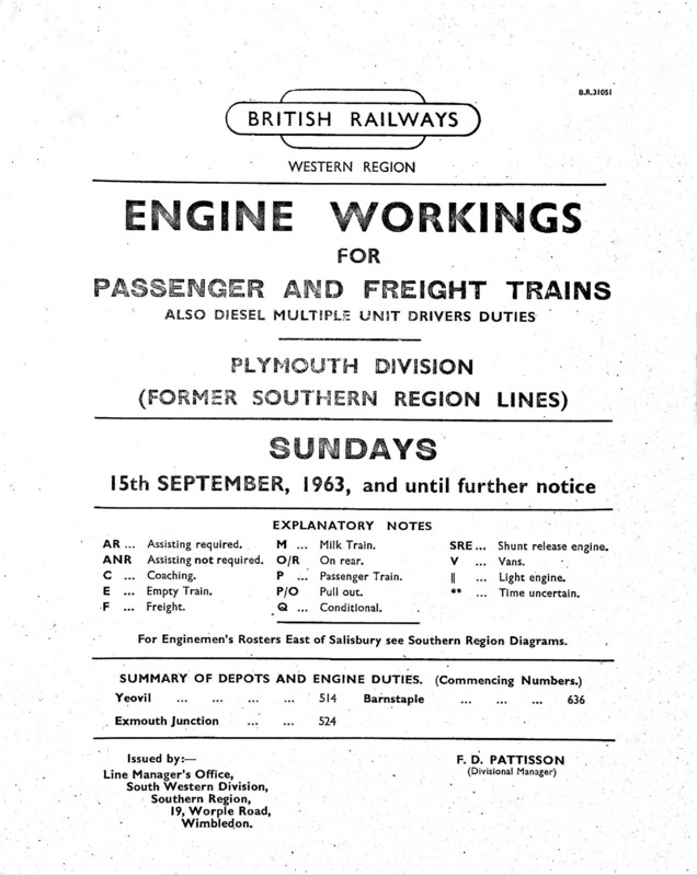 Southern Engine Workings, Western (Exeter) District, Sundays starting 15 September 1963. 23 pages. [EW07196309150]