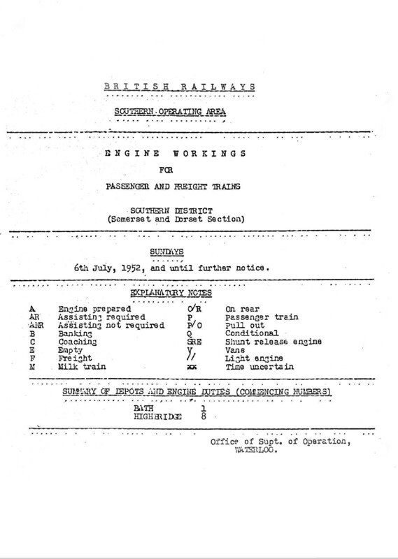 Southern Engine Workings, Somerset and Dorset, Sundays starting 06 July 1952. 2 pages. [EW08195207060]