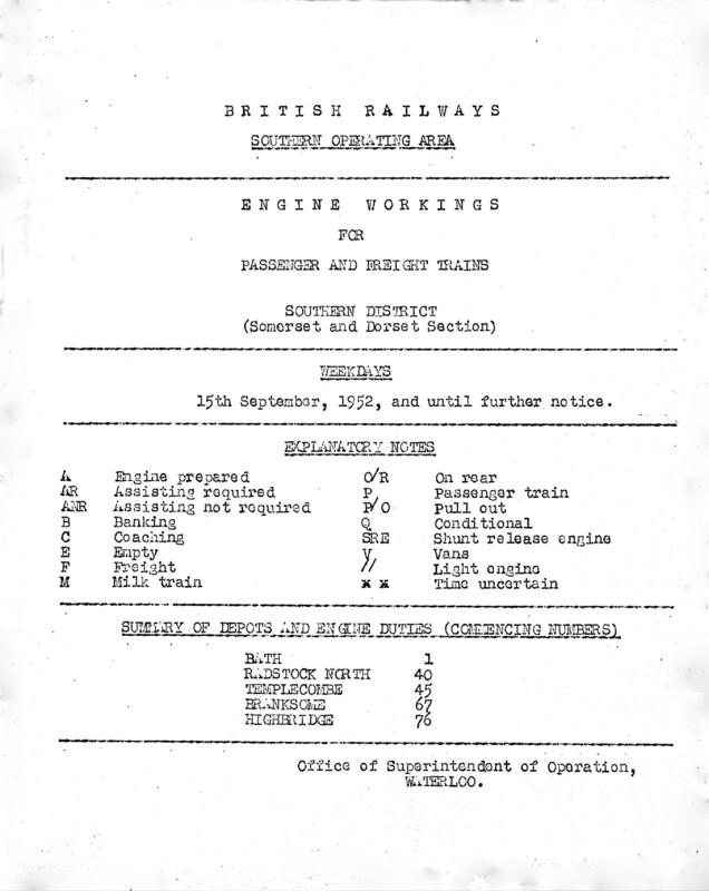 Southern Engine Workings, Somerset and Dorset, Weekdays starting 15 September 1952. 33 pages. Notes: Revised. [EW08195209150]
