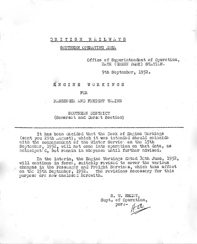 Southern Engine Workings, Somerset and Dorset, Weekdays starting 15 September 1952. 14 pages. Notes: S&DR2 Revisions. [EW08195209151]