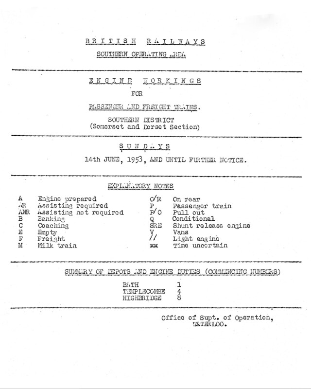 Southern Engine Workings, Somerset and Dorset, Sundays starting 14 June 1953. 2 pages. [EW08195306140]
