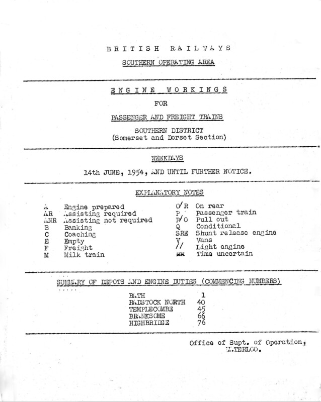 Southern Engine Workings, Somerset and Dorset, Weekdays starting 14 June 1954. 36 pages. [EW08195406140]