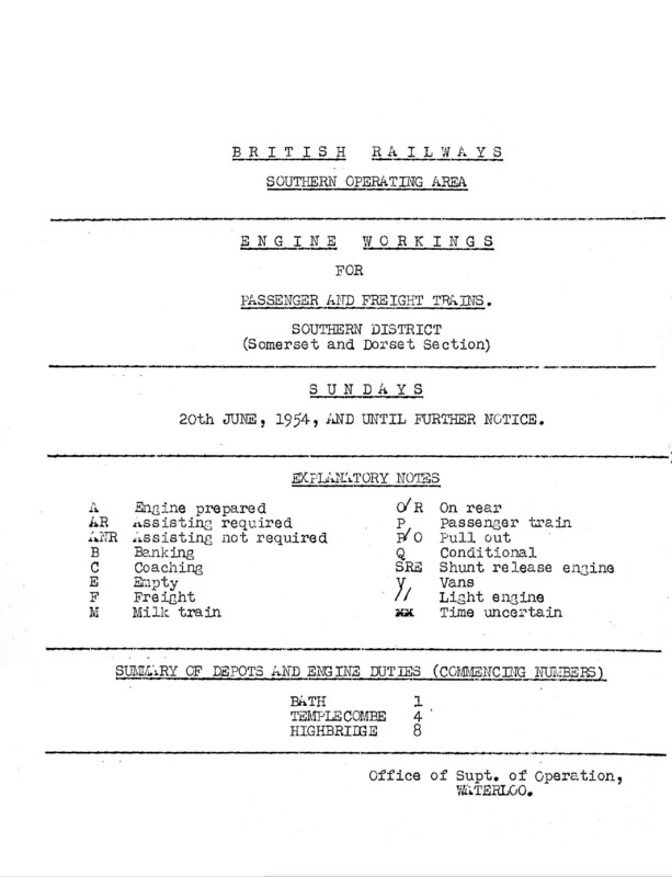 Southern Engine Workings, Somerset and Dorset, Sundays starting 20 June 1954. 2 pages. [EW08195406200]
