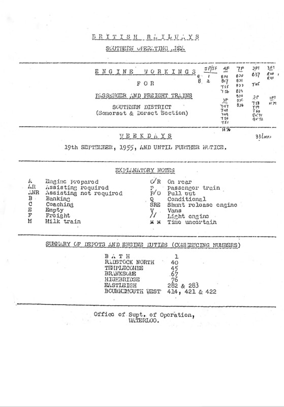 Southern Engine Workings, Somerset and Dorset, Weekdays starting 19 September 1955. 16 pages. [EW08195509190]