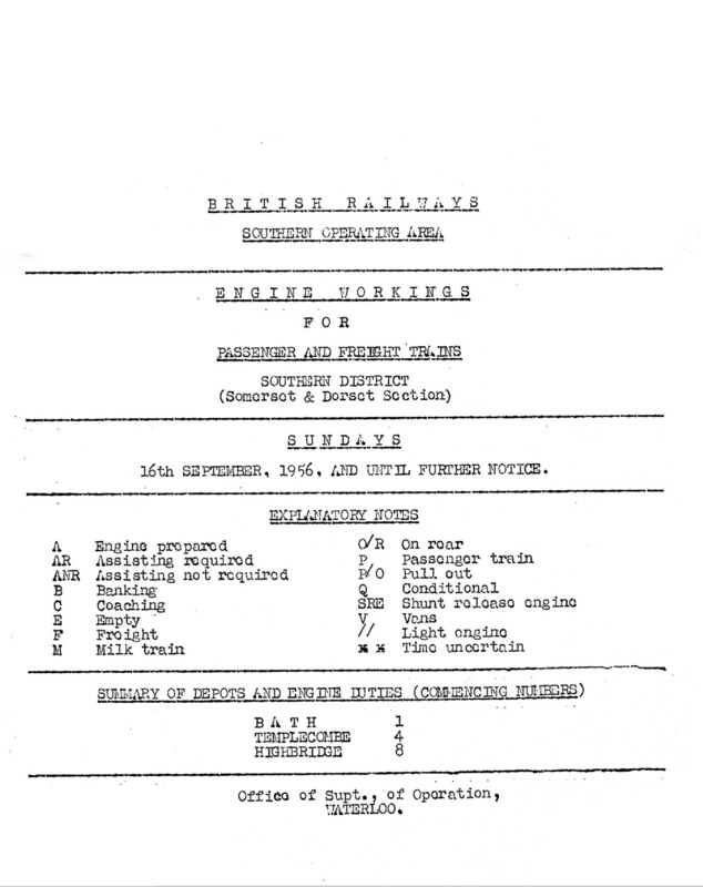 Southern Engine Workings, Somerset and Dorset, Sundays starting 16 September 1956. 2 pages. [EW08195609160]