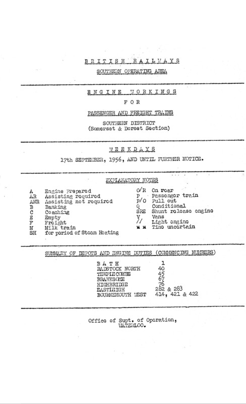 Southern Engine Workings, Somerset and Dorset, Weekdays starting 17 September 1956. 16 pages. [EW08195609170]