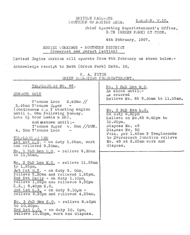 Southern Engine Workings, Somerset and Dorset, Weekdays starting 09 February 1957. 1 pages. Notes: S&DR10 Revisions. [EW08195702090]