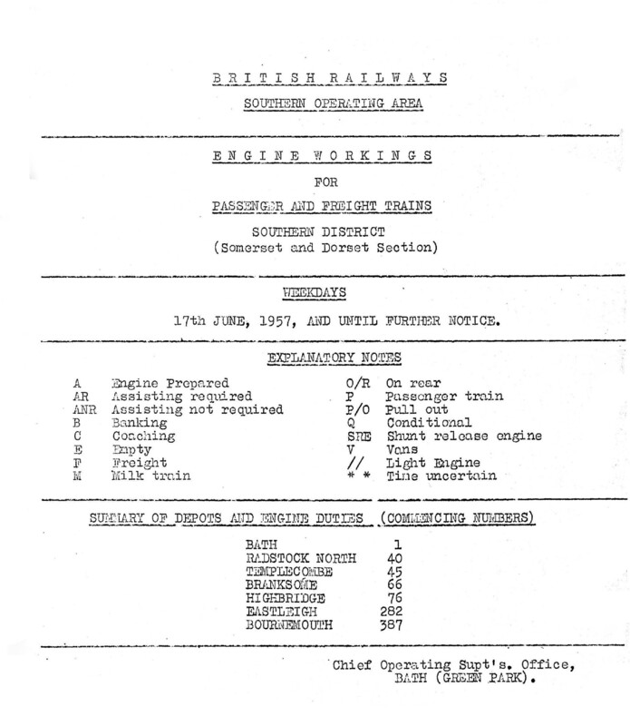 Southern Engine Workings, Somerset and Dorset, Weekdays starting 17 June 1957. 35 pages. [EW08195706170]