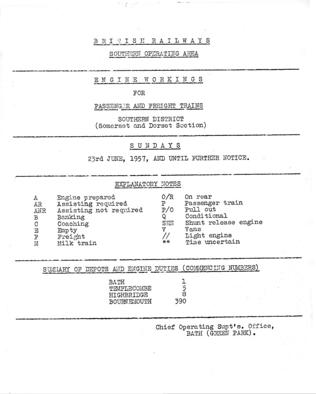 Southern Engine Workings, Somerset and Dorset, Sundays starting 23 June 1957. 4 pages. [EW08195706230]