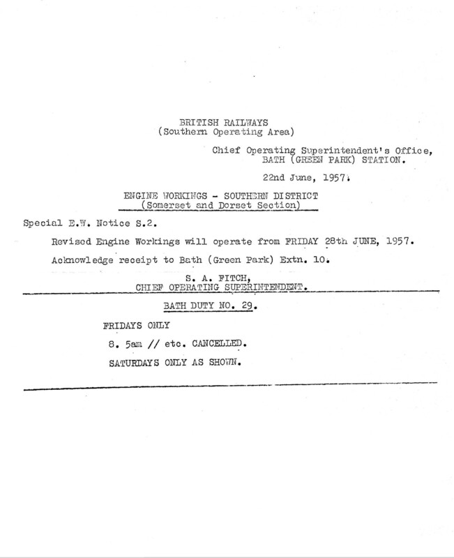Southern Engine Workings, Somerset and Dorset, Fridays starting 28 June 1957. 1 pages. Notes: SEW 2. [EW08195706280]