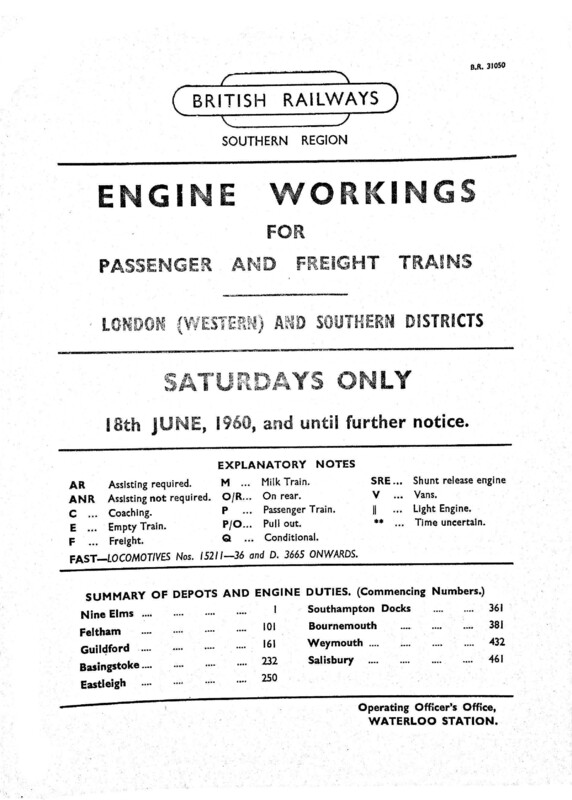 Southern Engine Workings, London West & Somerset and Dorset, Saturdays starting 18 June 1960. 8 pages. Notes: S&D extracts. [EW08196006180]