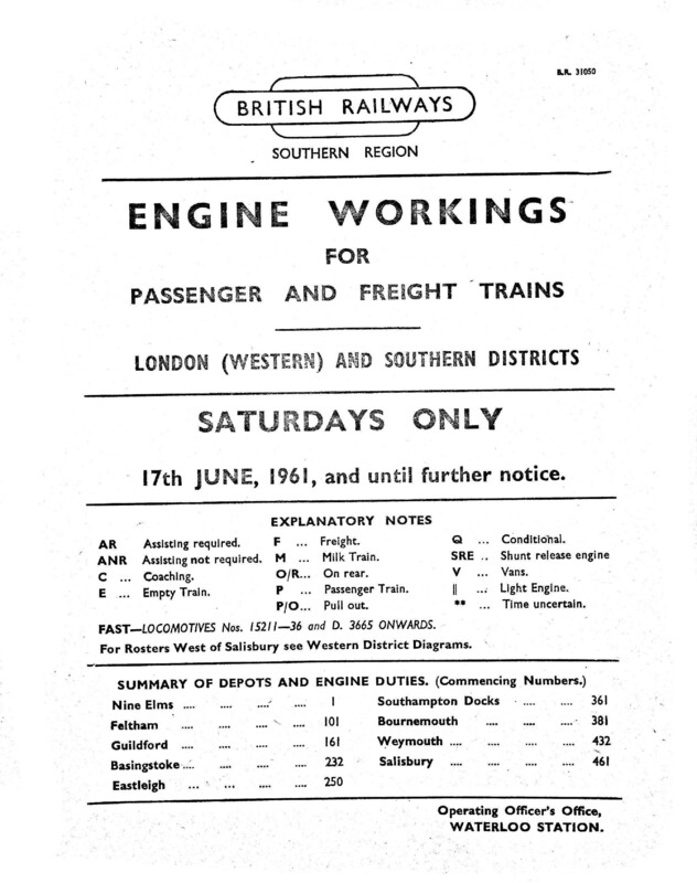 Southern Engine Workings, London West & Somerset and Dorset, Saturdays starting 17 June 1961. 7 pages. Notes: S&D extracts. [EW08196106170]
