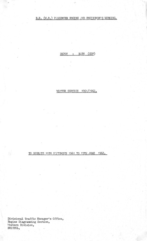 Southern Engine Workings, Somerset and Dorset, Daily starting 11 September 1961. 17 pages. Notes: Bath only. [EW08196109110]