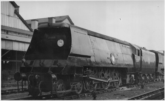 BR(S) Merchant Navy class 35019 'French Line C. G. T.' at Nine Elms Shed, Greater London on Saturday 23 Feb 1952 - J.H.W. Kent [000153]