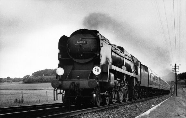BR(S) West Country class 34003 'Plymouth' at Just east of Bickley Junction, Greater London with a Cannon Street - Ramsgate service on Saturday 05 Jul 1958 - J.H.W. Kent [001714]