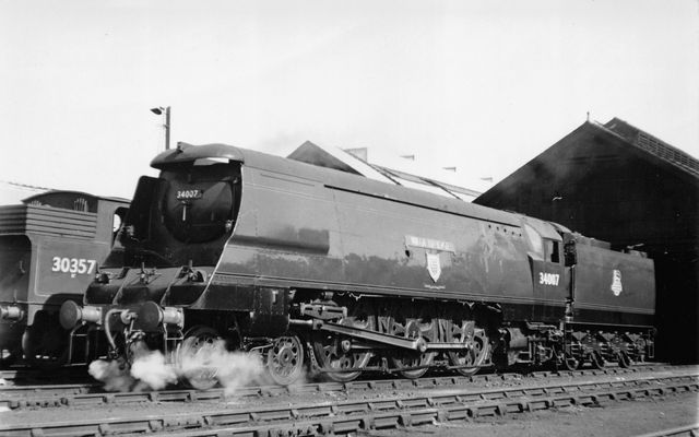 BR(S) West Country class 34007 'Wadebridge' at Eastleigh Shed, Hampshire on Saturday 02 Jun 1951 - J.H.W. Kent [001739]