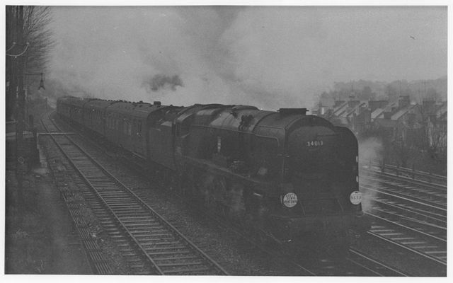 BR(S) West Country class 34013 'Okehampton' at Preston Park, East Sussex with the "SCTS Southdown Venturer" Rail Tour on Sunday 20 Feb 1966 - J.H.W. Kent [001771]