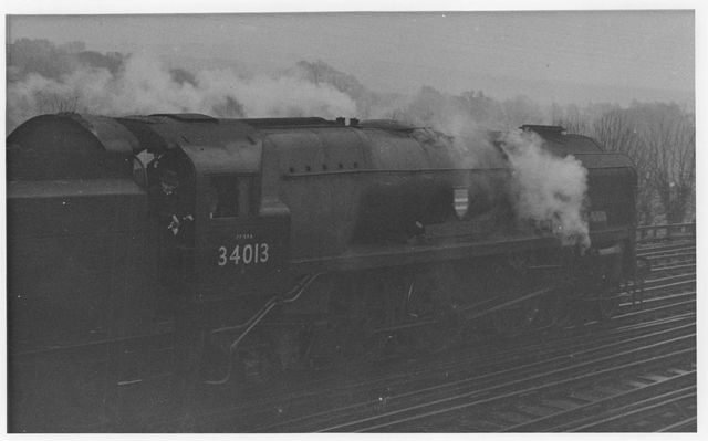 BR(S) West Country class 34013 'Okehampton' at Preston Park, East Sussex with the "SCTS Southdown Venturer" Rail Tour on Sunday 20 Feb 1966 - J.H.W. Kent [001772]