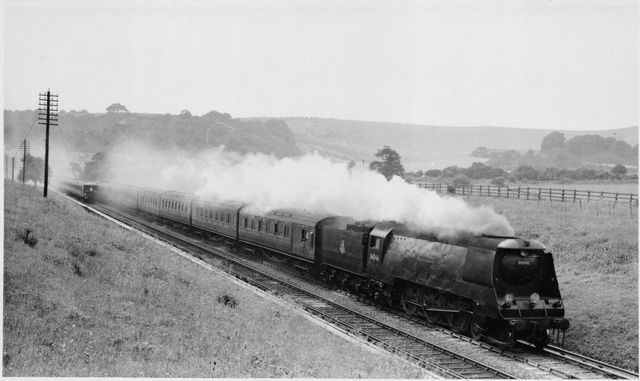 BR(S) West Country class 34046 'Braunton' at Patcham?, East Sussex with an Inter Regional from Brighton via Kensington Olympia on Saturday 01 Aug 1953 - J.H.W. Kent [001930]
