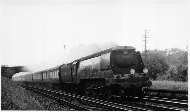 BR(S) West Country class 34046 'Braunton' at Patcham?, East Sussex with an Inter Regional via Kensington Olympia - Brighton? service on Saturday 15 Aug 1953 - J.H.W. Kent [001931]