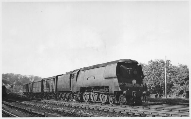 BR(S) West Country class 34047 'Callington' passing Preston Park Pullman Car Works, East Sussex with a down Vans service on Friday 31 Aug 1951 - J.H.W. Kent [001948]