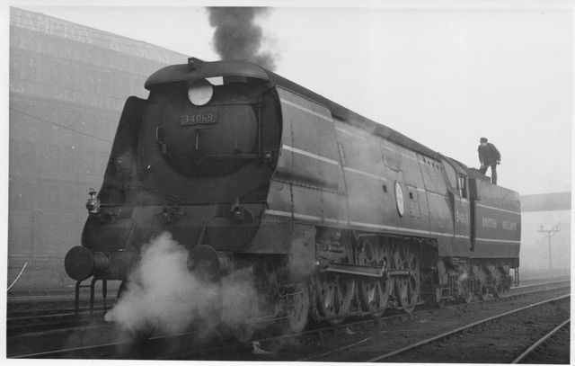 BR(S) Battle of Britain class 34069 'Hawkinge' at Stewarts Lane Shed, Greater London on Saturday 15 Sep 1951 - J.H.W. Kent [002064]