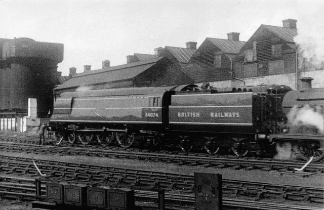 BR(S) Battle of Britain class 34074 '46 Squadron' at Brighton Works, East Sussex on Saturday 05 Jun 1948 - J.H.W. Kent [002098]
