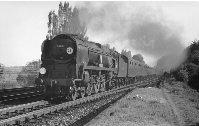 BR(S) Battle of Britain class 34082 '615 Squadron' at Shawford, Hampshire with a Bournemouth - Waterloo service on Saturday 16 May 1964 - J.H.W. Kent [002142]