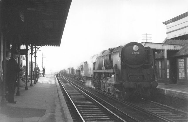 BR(S) Battle of Britain class 34082 '615 Squadron' at Lancing, West Sussex with an Eastbound Goods on Monday 21 Dec 1964 - J.H.W. Kent [002143]
