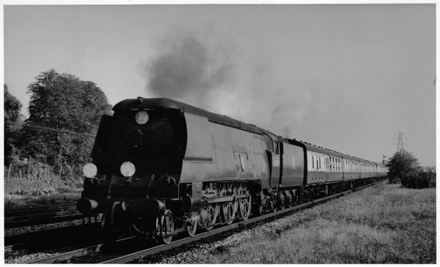 BR(S) West Country class 34092 'City of Wells' approaching Millbrook, Hampshire with the 11.30am Brighton - Plymouth service on Saturday 13 Oct 1956 - J.H.W. Kent [002214]