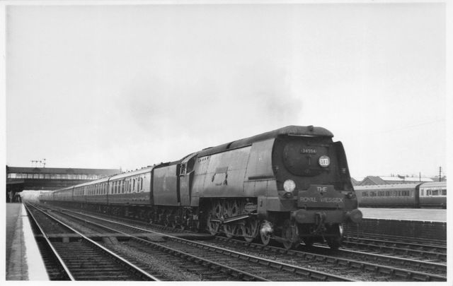 BR(S) West Country class 34094 'Mortehoe' at Eastleigh, Hampshire with the down "The Royal Wessex" on Friday 24 Aug 1951 - J.H.W. Kent [002231]