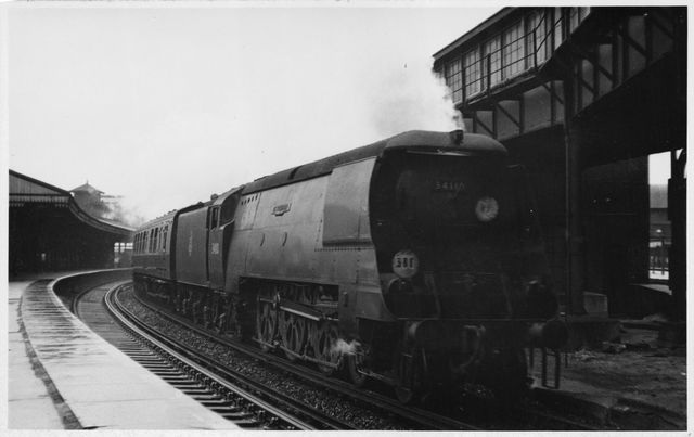 BR(S) Battle of Britain class 34110 '66 Squadron' at Clapham Junction, Greater London with a Waterloo - Bournemouth service on Saturday 11 Aug 1951 - J.H.W. Kent [002314]