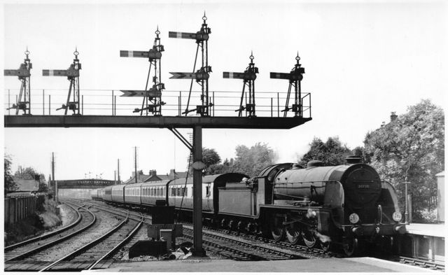 BR(S) King Arthur class 30739 'King Leodegrance' at St Denys, Hampshire with a Bournemouth - Inter Regional service on Saturday 30 Jun 1956 - J.H.W. Kent [003449]