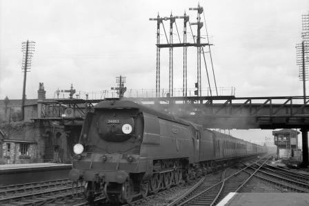 BR(S) Battle of Britain class 34063 '229 Squadron' at Eastleigh, Hampshire with a Waterloo - Bournemouth service on Saturday 19 Aug 1950 - J.H.W. Kent [023034]