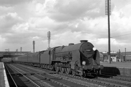 BR(S) Lord Nelson class 30864 'Sir Martin Frobisher' at Eastleigh, Hampshire with a Waterloo - Bournemouth service on Saturday 19 Aug 1950 - J.H.W. Kent [023056]