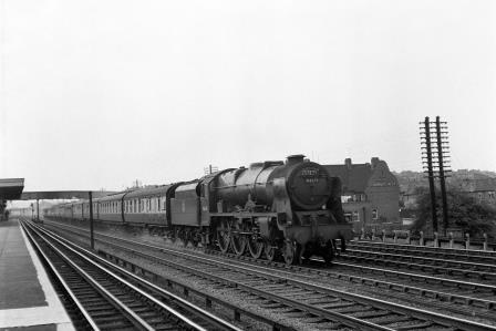 BR(M) Royal Scot class 46131 'The Royal Warwickshire Regiment' at South Kenton Station, Greater London with an up passenger service on Saturday 14 Jul 1951 - J.H.W. Kent [025134]