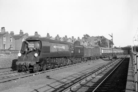 BR(S) West Country class 34104 'Bere Alston' at Wandsworth Road, Greater London with the up "Golden Arrow" on Saturday 21 Jul 1951 - J.H.W. Kent [025193]