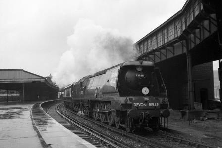 BR(S) Merchant Navy class 35020 'Bibby Line' at Clapham Junction Station, Greater London with a down Devon Belle service on Saturday 11 Aug 1951 - J.H.W. Kent [025218]