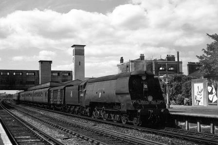 BR(S) West Country class 34002 'Salisbury' at Surbiton Station, Greater London with an up West of England Troop Special service on Saturday 18 Aug 1951 - J.H.W. Kent [025241]
