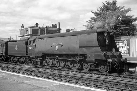 BR(S) West Country class 34002 'Salisbury' at Surbiton Station, Greater London with an up West of England Troop Special service on Saturday 18 Aug 1951 - J.H.W. Kent [025242]