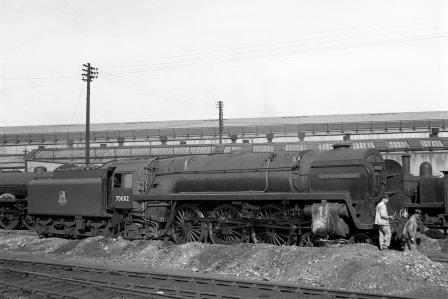 BR(E) Britannia class 70002 'Geoffrey Chaucer' at Stratford Shed, Greater London on Saturday 18 Aug 1951 - J.H.W. Kent [025266]