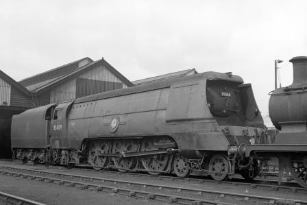 BR(S) Merchant Navy class 35009 'Shaw Savill' at Eastleigh Shed, Hampshire on Friday 24 Aug 1951 - J.H.W. Kent [025336]