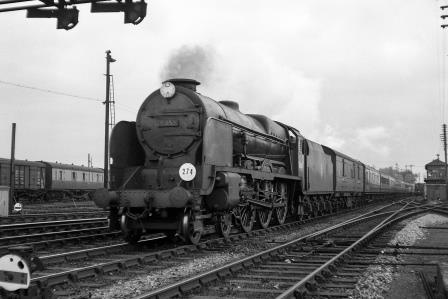 BR(S) Lord Nelson class 30853 'Sir Richard Grenville' at Eastleigh, Hampshire with a Southampton Docks - Waterloo service on Friday 24 Aug 1951 - J.H.W. Kent [025349]