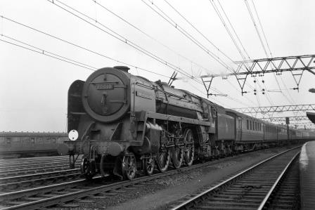 BR(E) Britannia class 70010 'Owen Glendower' at Stratford, Greater London with an up Passenger service on Saturday 25 Aug 1951 - J.H.W. Kent [025362]