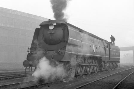 BR(S) Battle of Britain class 34069 'Hawkinge' at Stewarts Lane Shed, Greater London on Saturday 29 Sep 1951 - J.H.W. Kent [025392]