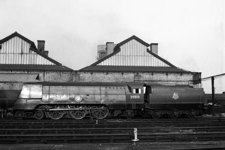 BR(S) Merchant Navy class 35010 'Blue Star' at Nine Elms Shed, Greater London on Saturday 29 Sep 1951 - J.H.W. Kent [025427]